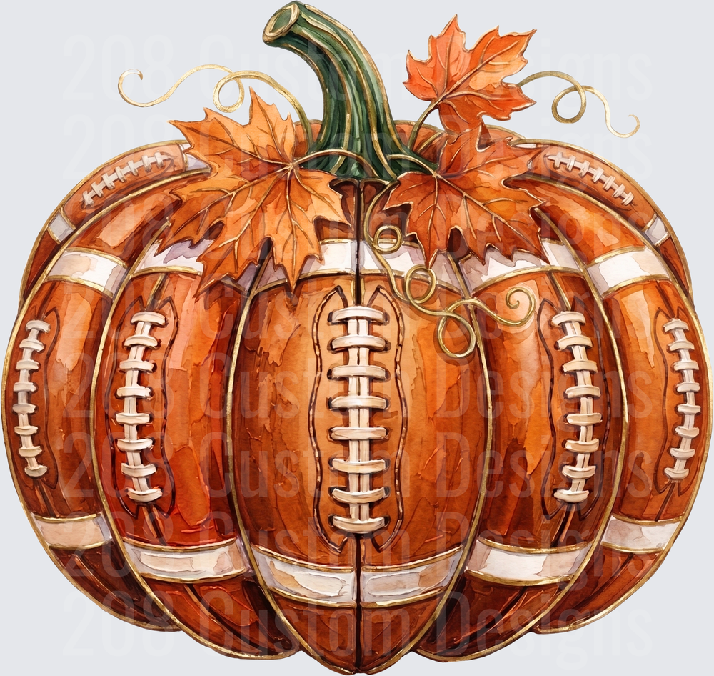 Watercolor Football Pumpkin with Autumn Leaves and Vines