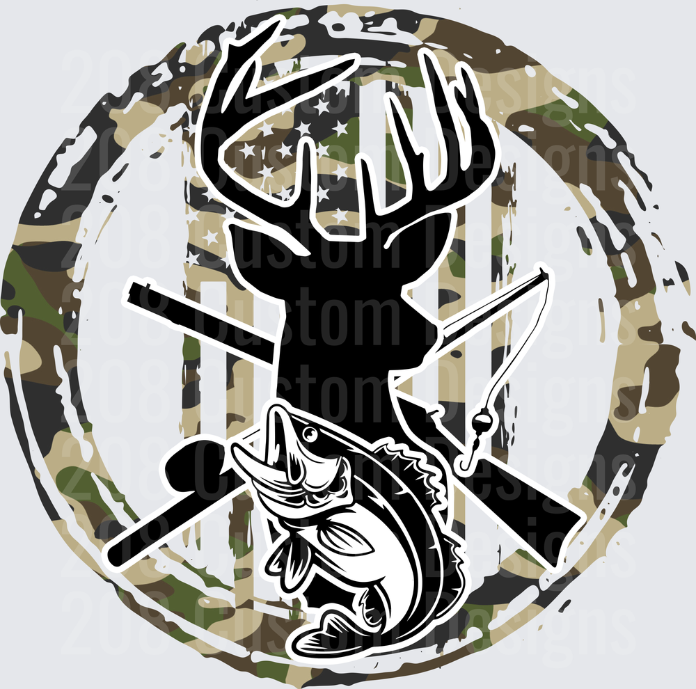 Deer Head Silhouette with Crossed Rifles and Bass Fish Camouflage Circle
