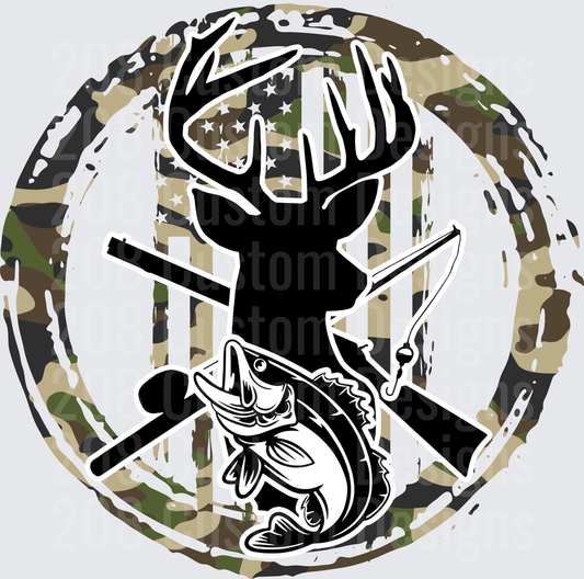 Deer Head Silhouette with Crossed Rifles and Bass Fish Camouflage Circle