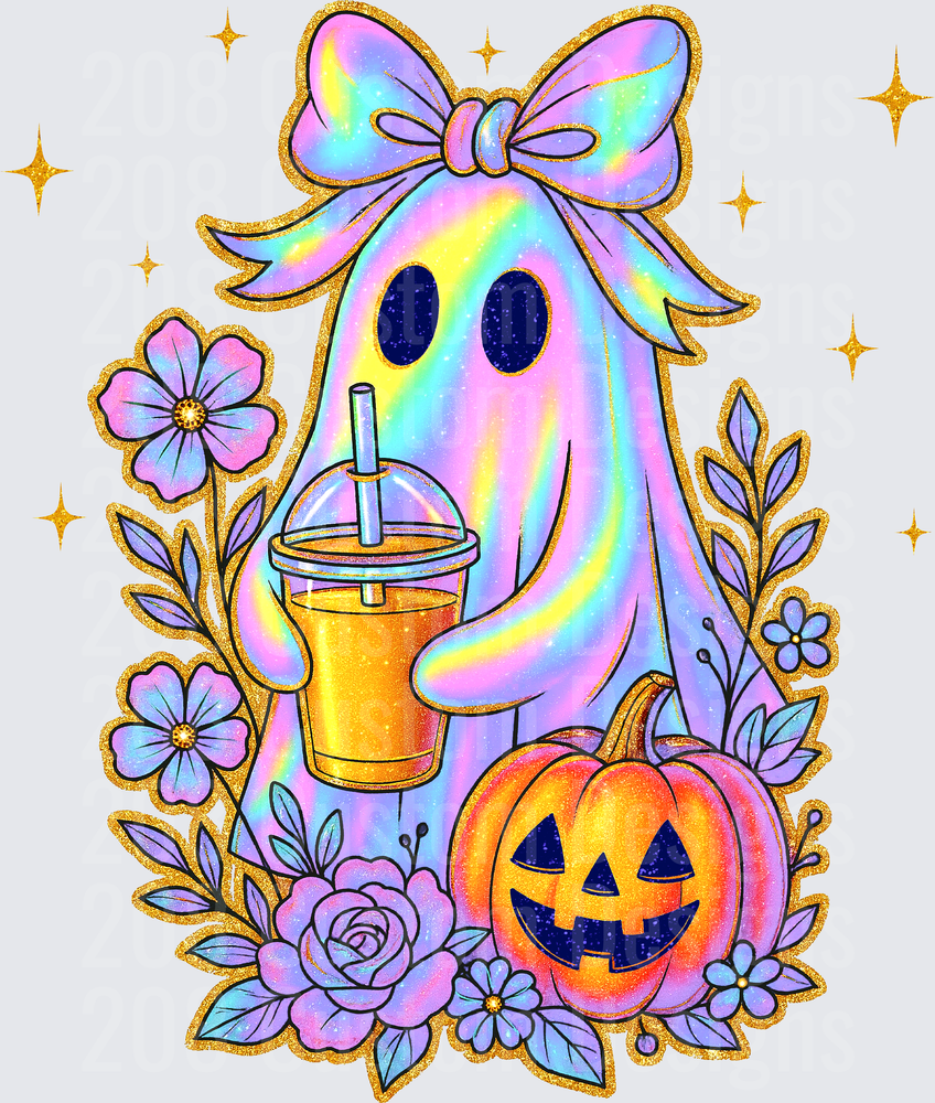 Holographic Bow Ghost Holding Iced Drink with Jack-o-Lantern