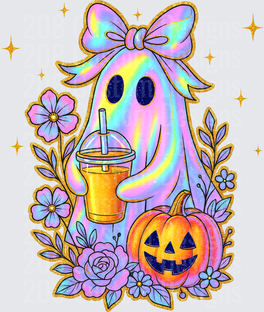Holographic Bow Ghost Holding Iced Drink with Jack-o-Lantern