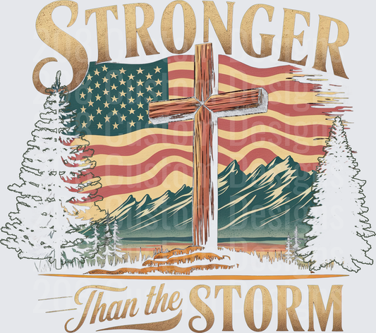 Stronger Than the Storm Patriotic Cross American Flag Mountains