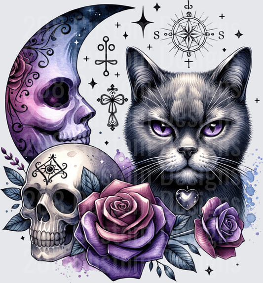 Gothic Black Cat Purple Roses Crescent Moon Skulls
