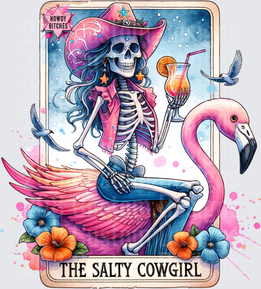 Salty Cowgirl Skeleton Riding Pink Flamingo Float with Tropical Drink