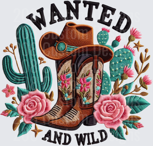 Wanted and Wild Cowboy Boots Hat Cactus Rose Embroidery Design