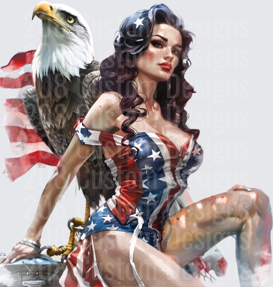 Pin-Up Girl in Patriotic American Flag Corset with Bald Eagle