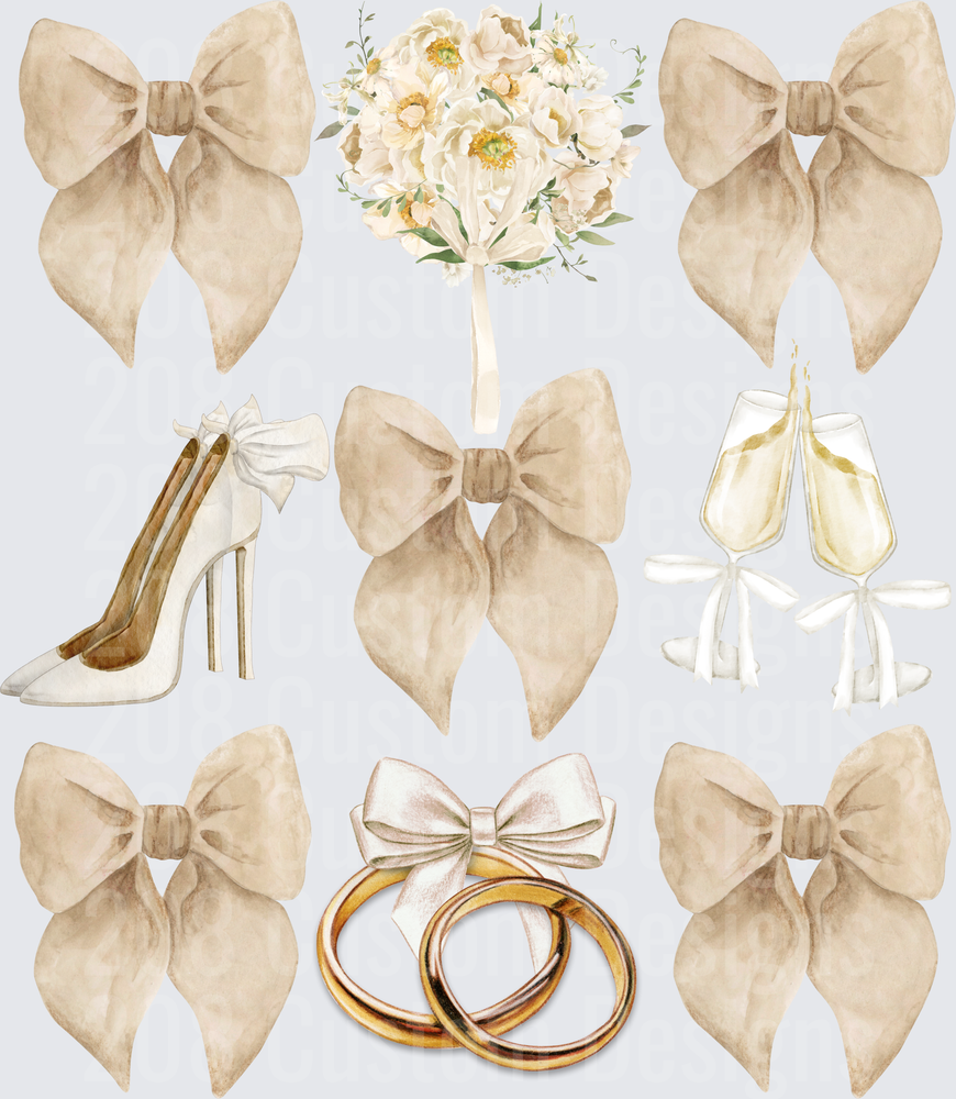 Watercolor Wedding Elements with Champagne Bows and Rings