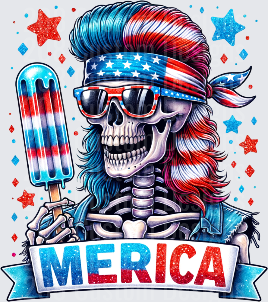 Patriotic Skeleton with Mullet Holding American Flag Popsicle MERICA