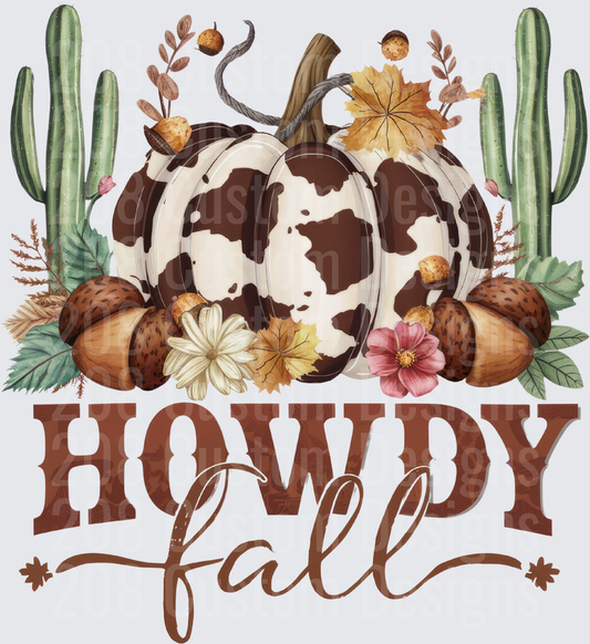 Howdy Fall Cow Print Pumpkin with Cacti and Autumn Flowers