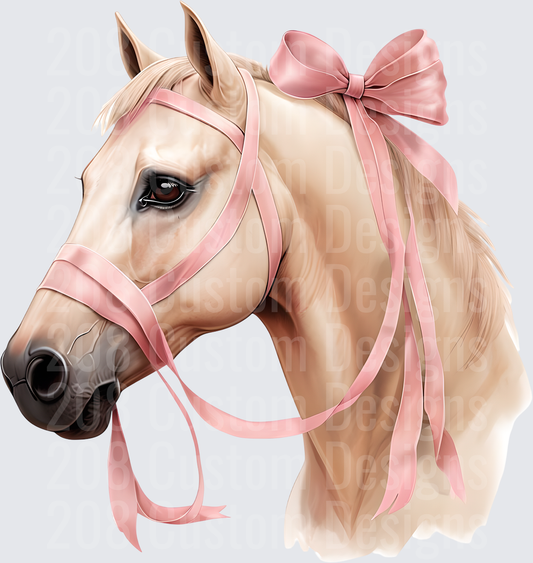 Palomino Horse Head with Pink Ribbon Halter and Bow