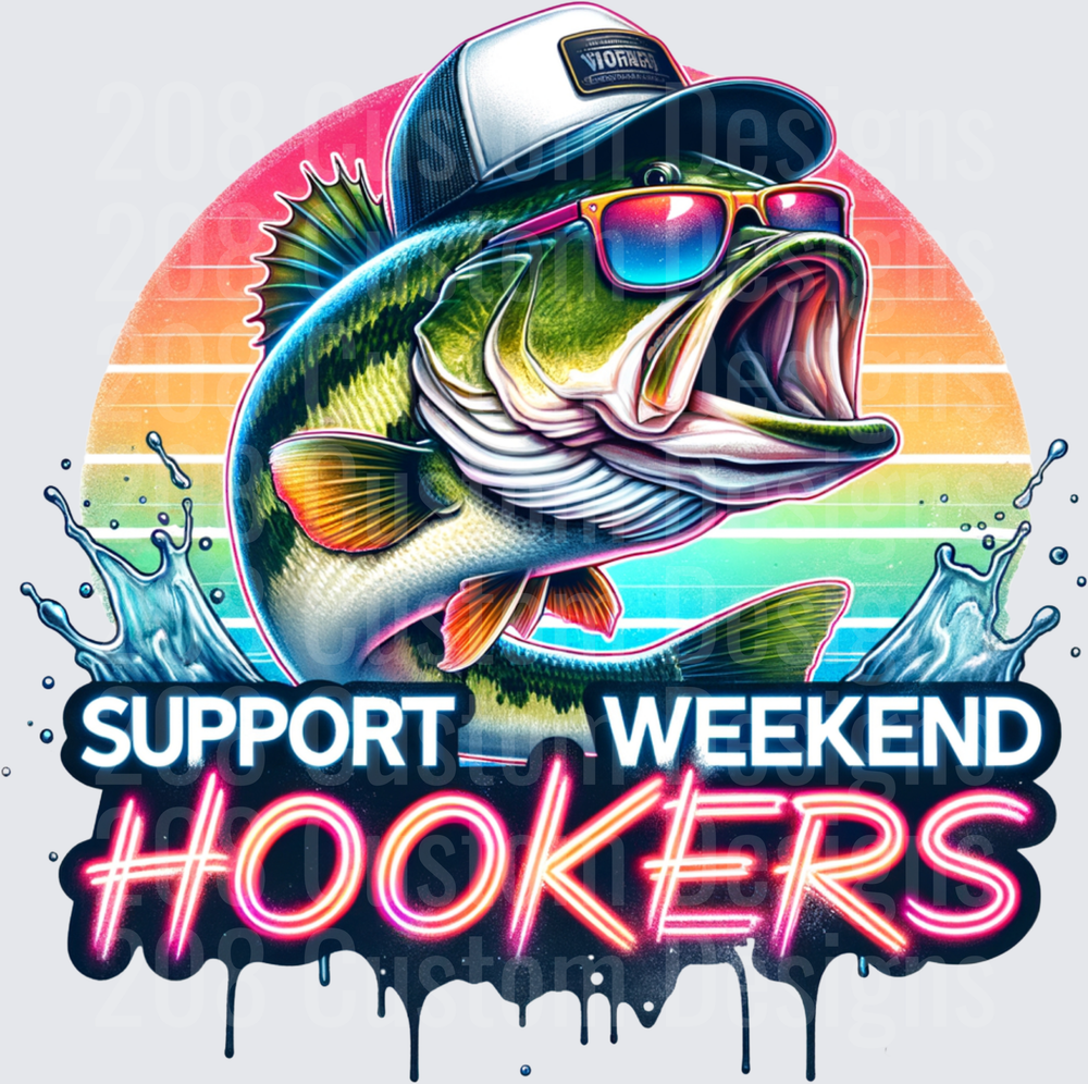 Support Weekend Hookers Bass Fishing Retro Neon Design
