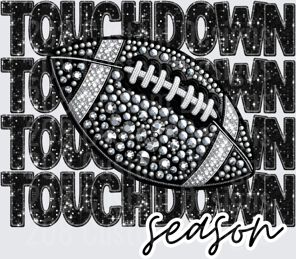 Touchdown Season Rhinestone Glitter Football Stacked Text