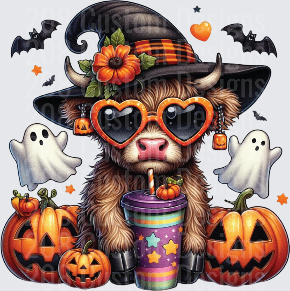 Halloween Highland Cow Witch Hat Heart Sunglasses Pumpkins