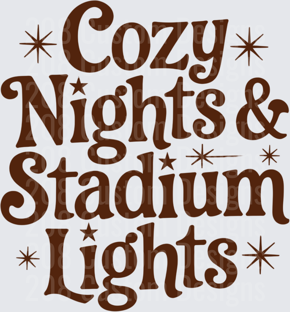Cozy Nights & Stadium Lights Retro Brown Typography Stars