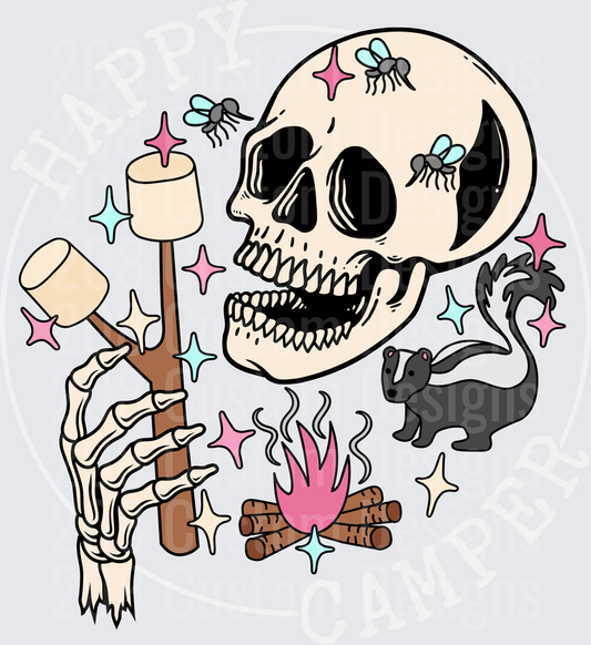 Skull Roasting Marshmallows with Skunk and Flies