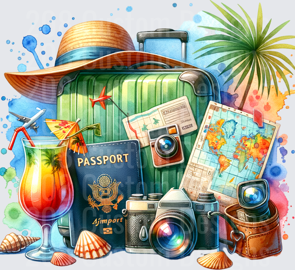 Tropical Travel Adventure Collage with Passport Camera and Suitcase