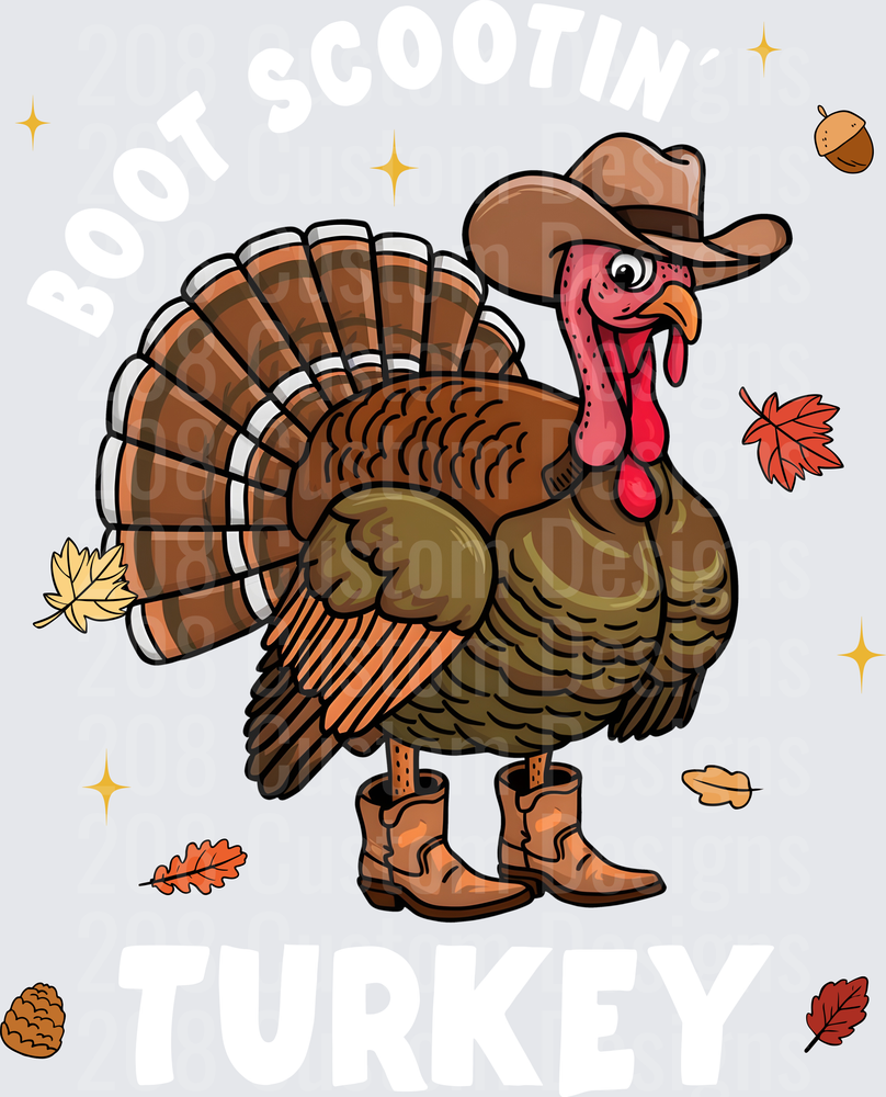 Thanksgiving Turkey Wearing Cowboy Hat and Boots Fall Leaves