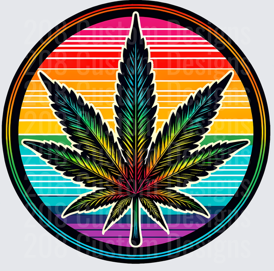 Rainbow Cannabis Leaf Retro Sunset Circle Design