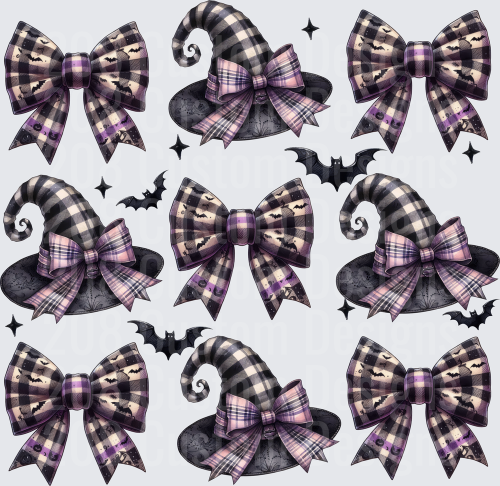 Halloween Plaid Witch Hat Bow with Bats