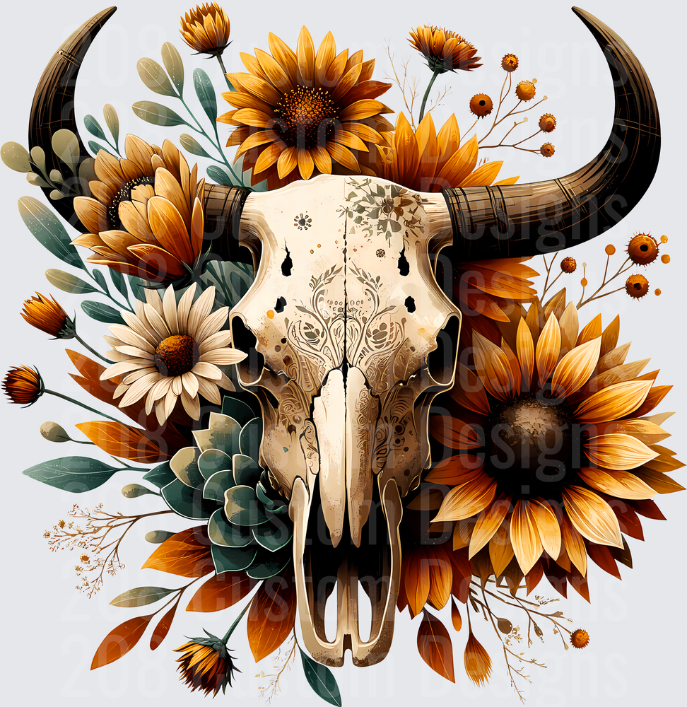 Boho Bull Skull with Orange Sunflowers and Sage Green Leaves