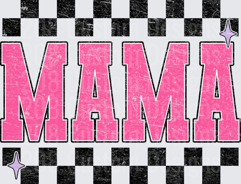 MAMA Pink Distressed Letters with Purple Stars Black Checkered