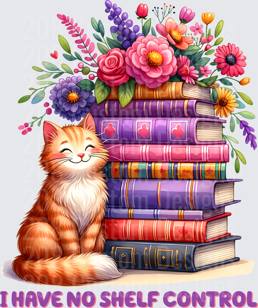 Cute Orange Cat with Stack of Books and Flowers I Have No Shelf Control