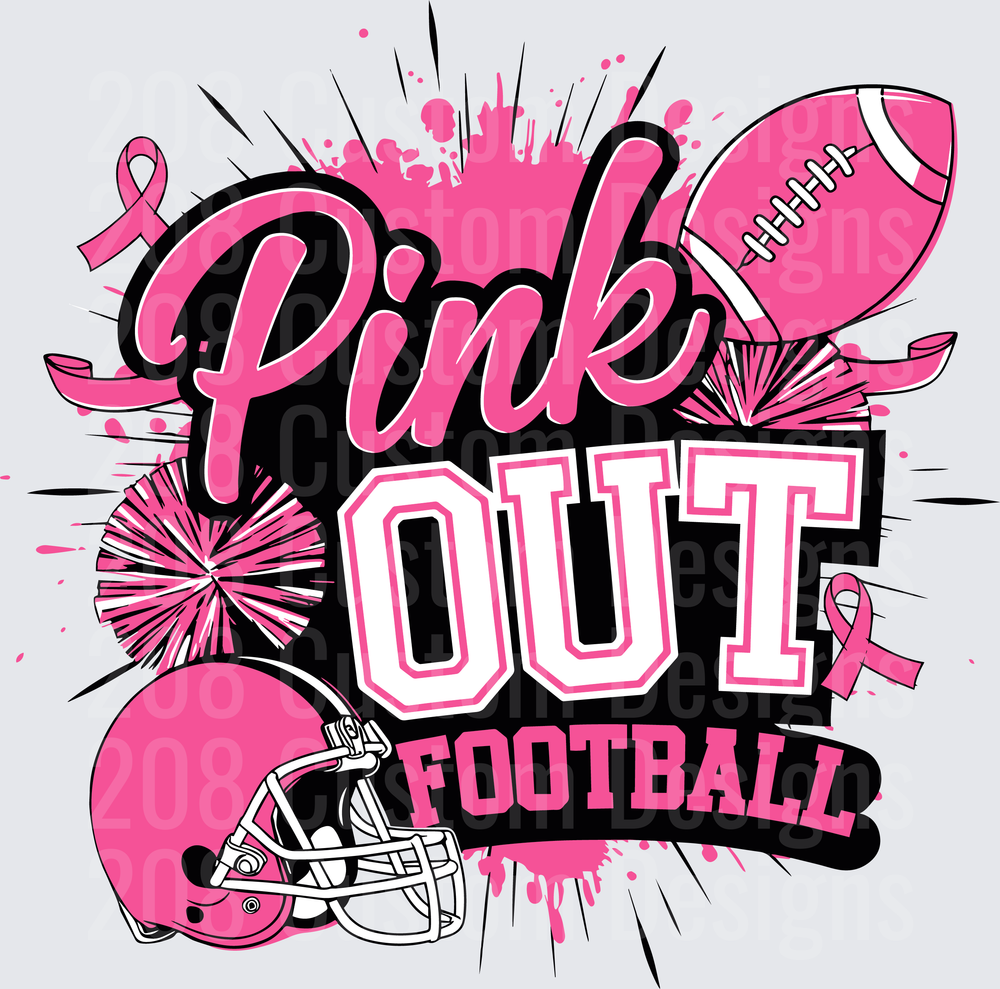 Pink Out Football Breast Cancer Awareness with Helmet and Ribbons