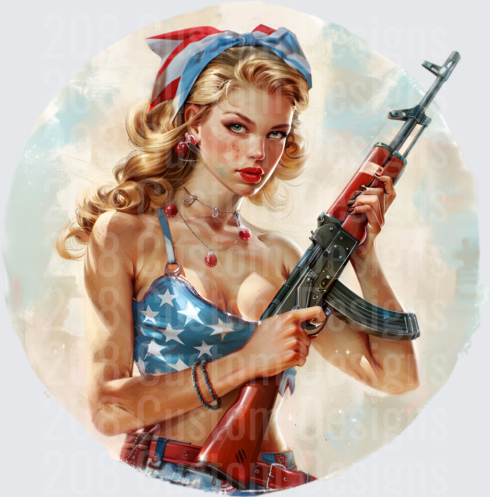 Retro Pin-Up Girl with AK-47 in American Flag Bikini