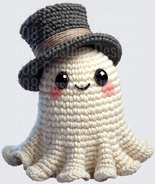 Cute Crochet Ghost Amigurumi Wearing Top Hat