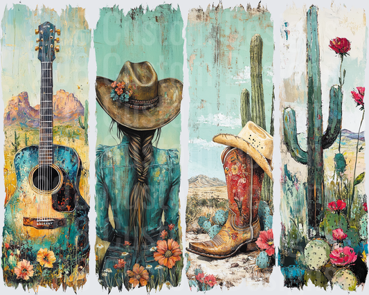 Vintage Western Country Life Four Panel Rustic Guitar Hat Boot Cactus