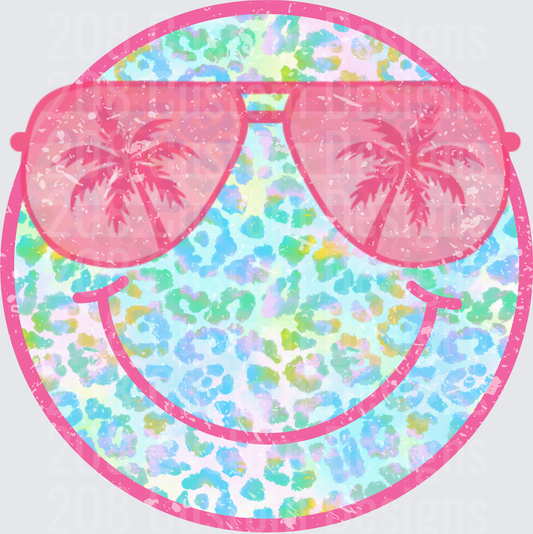 Cool Smiley Face with Pink Aviator Sunglasses and Palm Trees