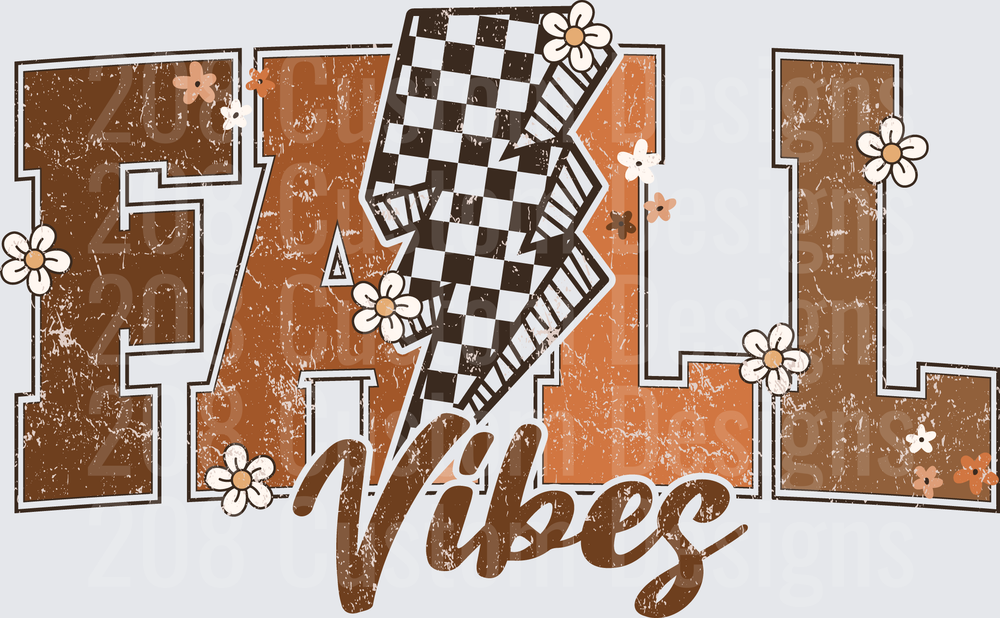Fall Vibes Checkered Lightning Bolt with Autumn Flowers