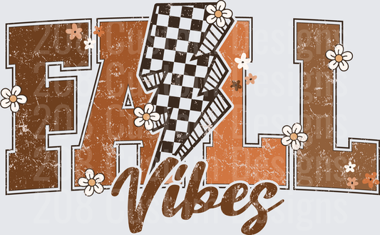 Fall Vibes Checkered Lightning Bolt with Autumn Flowers