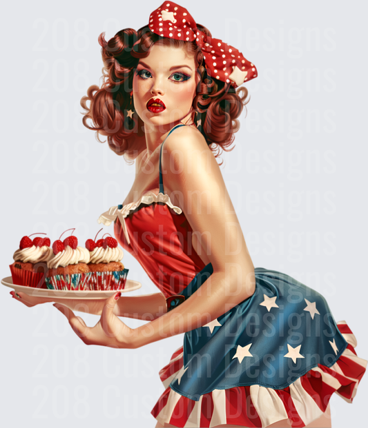 Vintage Pin-Up Baker in Patriotic Dress Holding Cherry Cupcakes