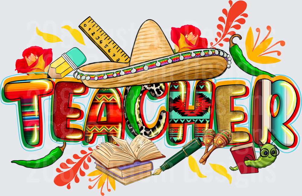 Teacher with Colorful Mexican Sombrero School Supplies