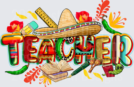 Teacher with Colorful Mexican Sombrero School Supplies