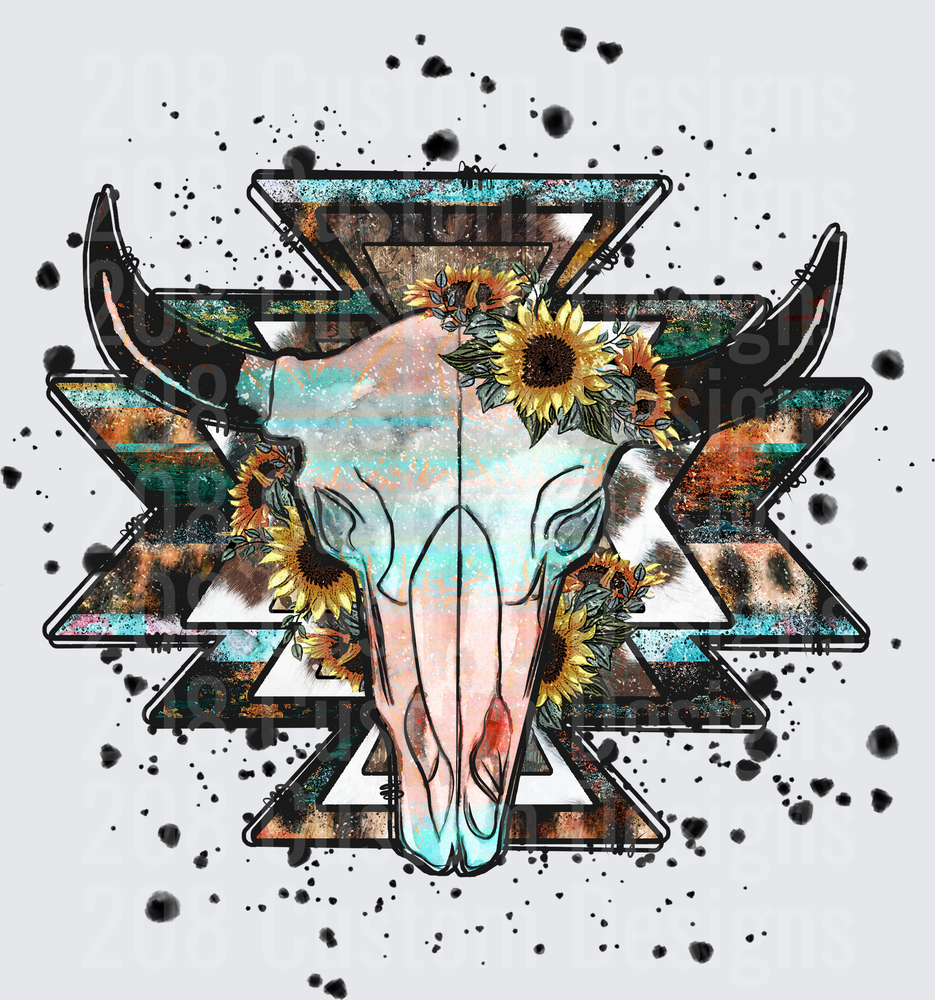 Sunflower Bull Skull Aztec Geometric Pattern with Paint Splatter