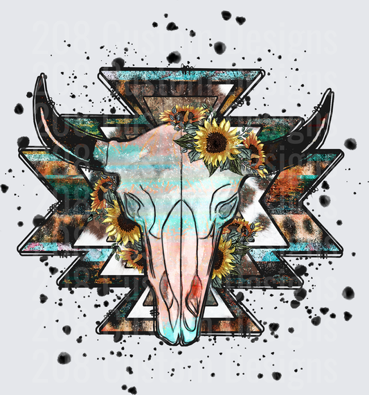 Sunflower Bull Skull Aztec Geometric Pattern with Paint Splatter