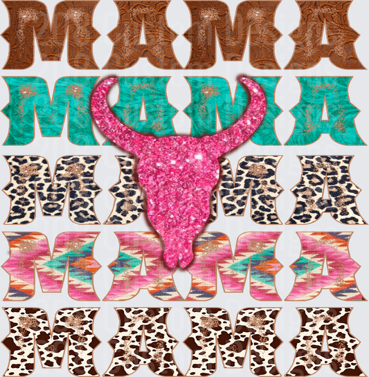 Mama Text with Pink Glitter Cow Skull and Pattern Backgrounds