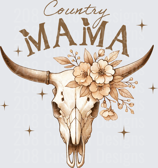 Country Mama Bull Skull with Floral Crown and Stars