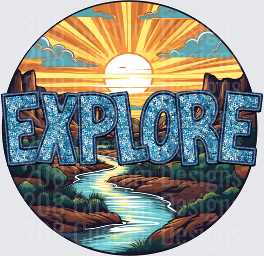 Explore Text with Desert Canyon River Sunset Landscape