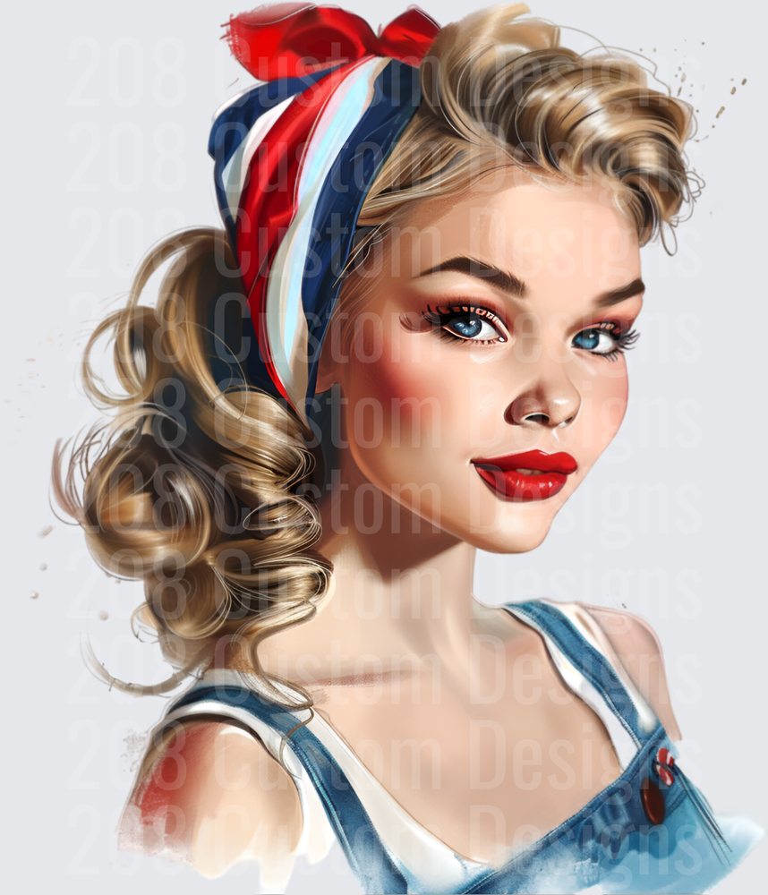 Pin-Up Girl with Patriotic Red White Blue Bandana and Victory Rolls