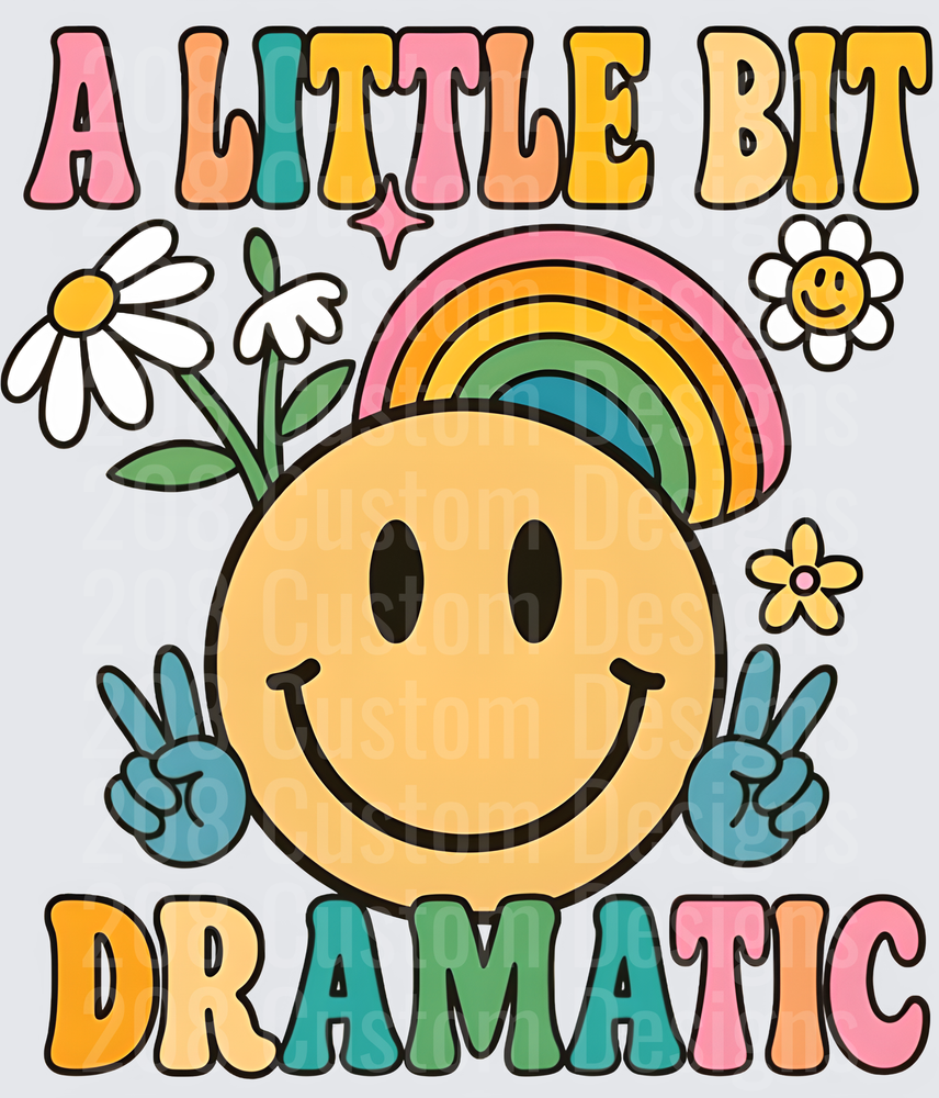 A Little Bit Dramatic Smiley Face with Rainbow and Flowers