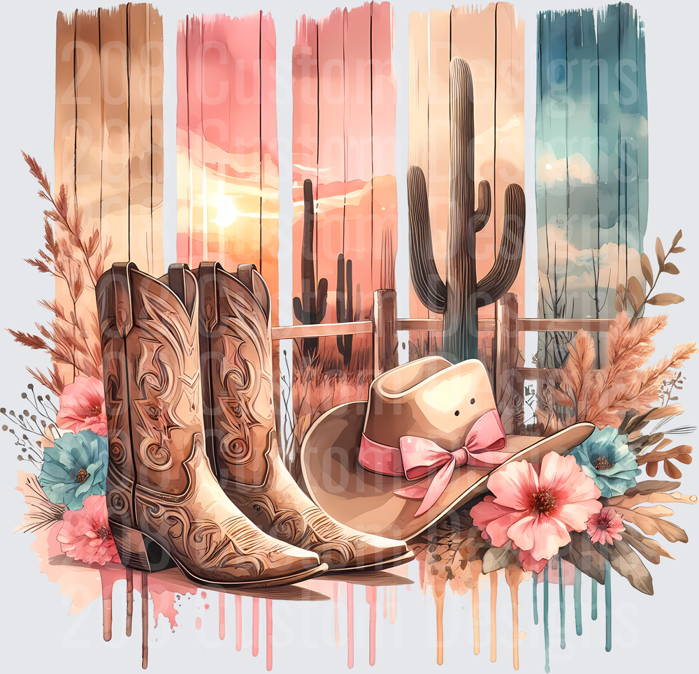 Western Cowboy Boots Hat Desert Sunset Watercolor Floral