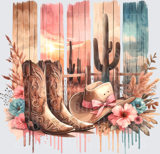Western Cowboy Boots Hat Desert Sunset Watercolor Floral