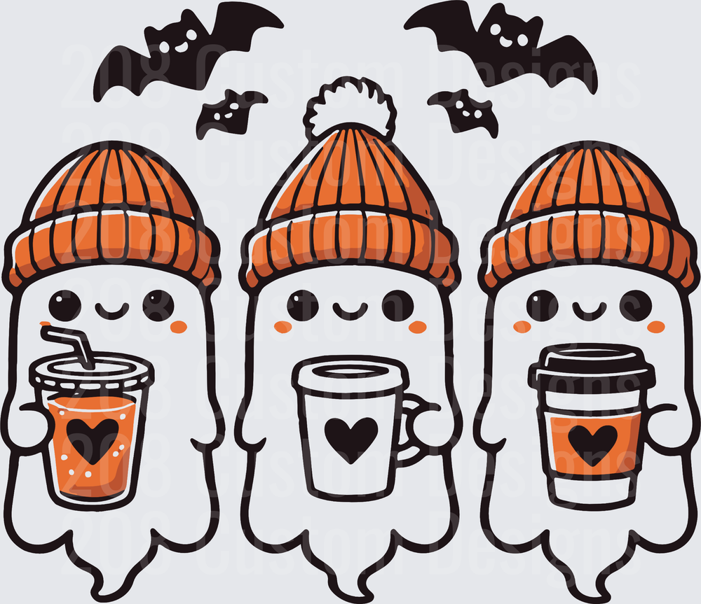 Cute Halloween Ghosts in Beanies Holding Coffee Bats