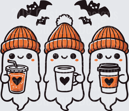 Cute Halloween Ghosts in Beanies Holding Coffee Bats