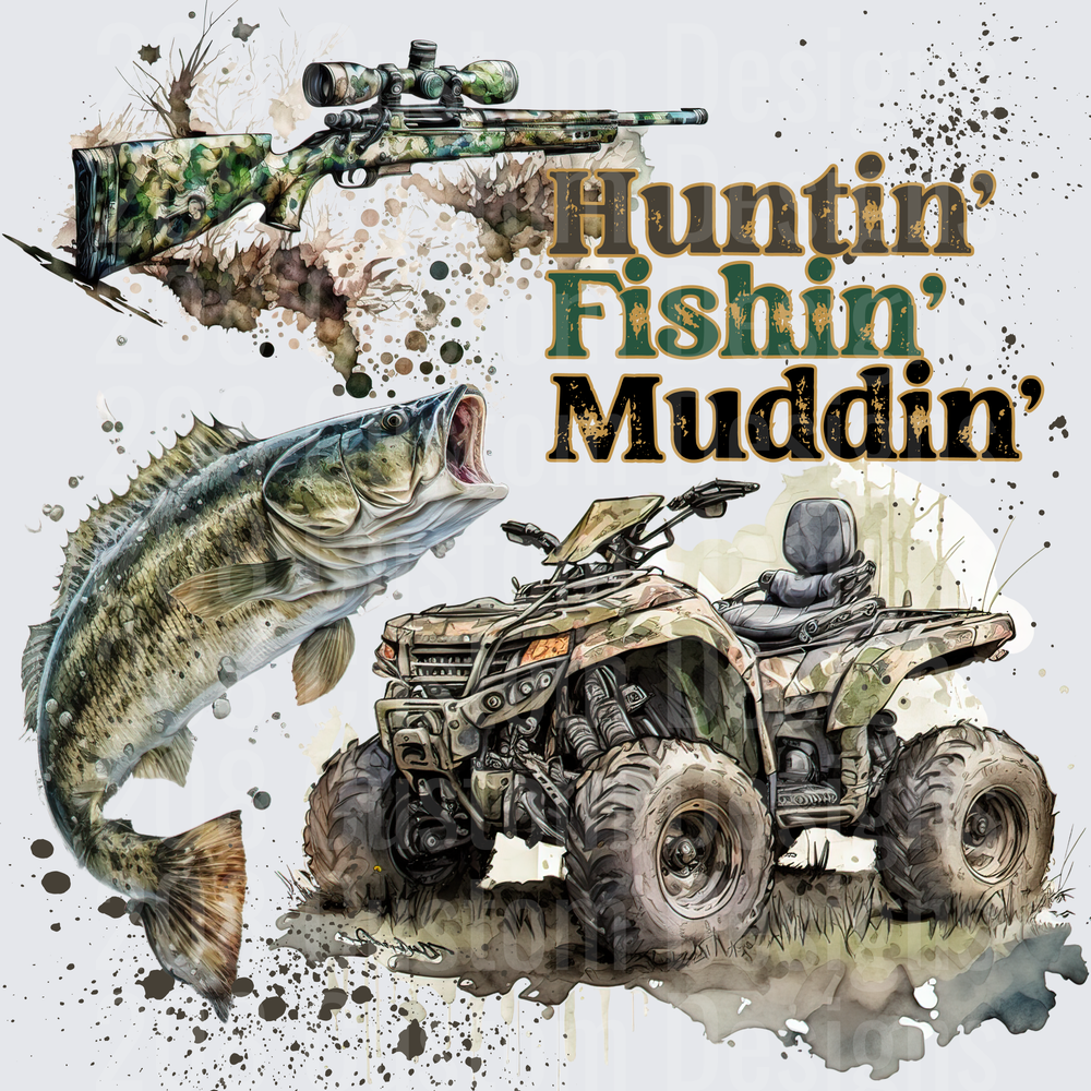 Huntin' Fishin' Muddin' Camouflage Rifle Bass ATV Design
