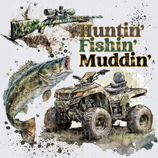 Huntin' Fishin' Muddin' Camouflage Rifle Bass ATV Design