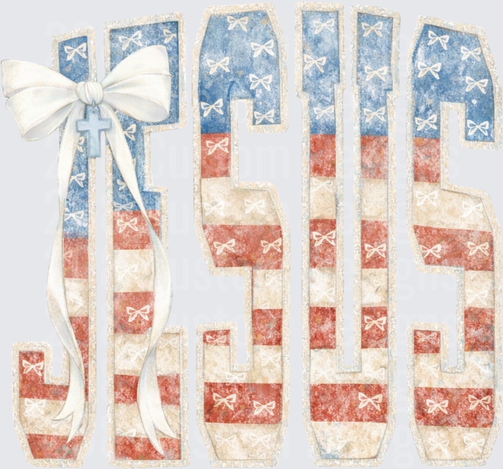 JESUS American Flag Letters with White Bow and Ribbon